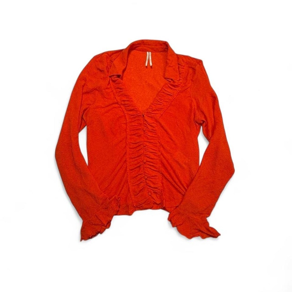 Y2K Revival By Anthropologie Orange Textured Ruched Center Flare Sleeve Blouse